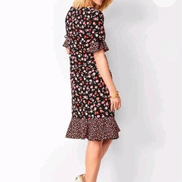 Talbots Midi Shift Dress Size 22W Floral Contrast Hem Ruffled Half Sleeves Bow - Picture 2 of 13